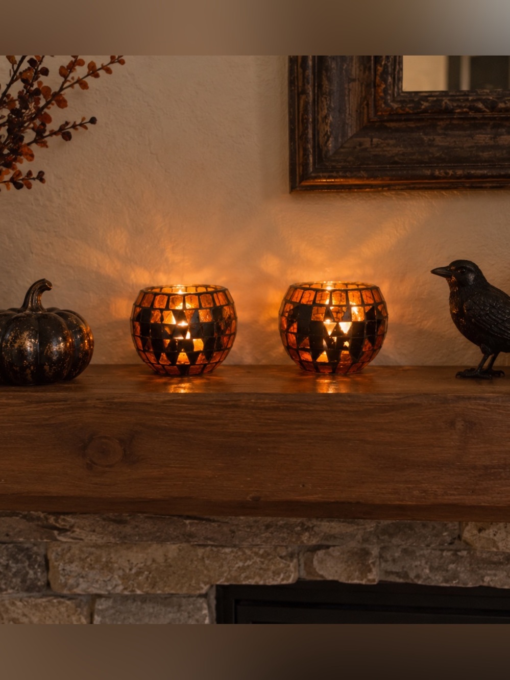 Amber Mosaic Glass Tealight Holders - Set of 2